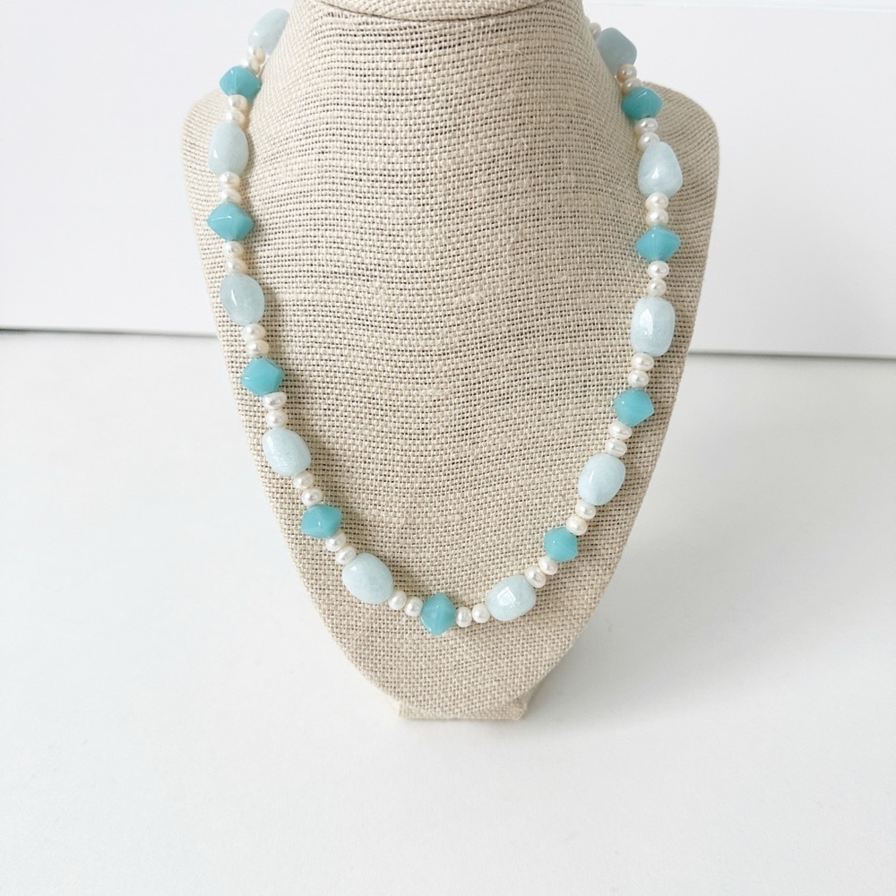 NWT Genuine Aquamarine, Czech Glass & Pearls Necklace Blue White Beaded